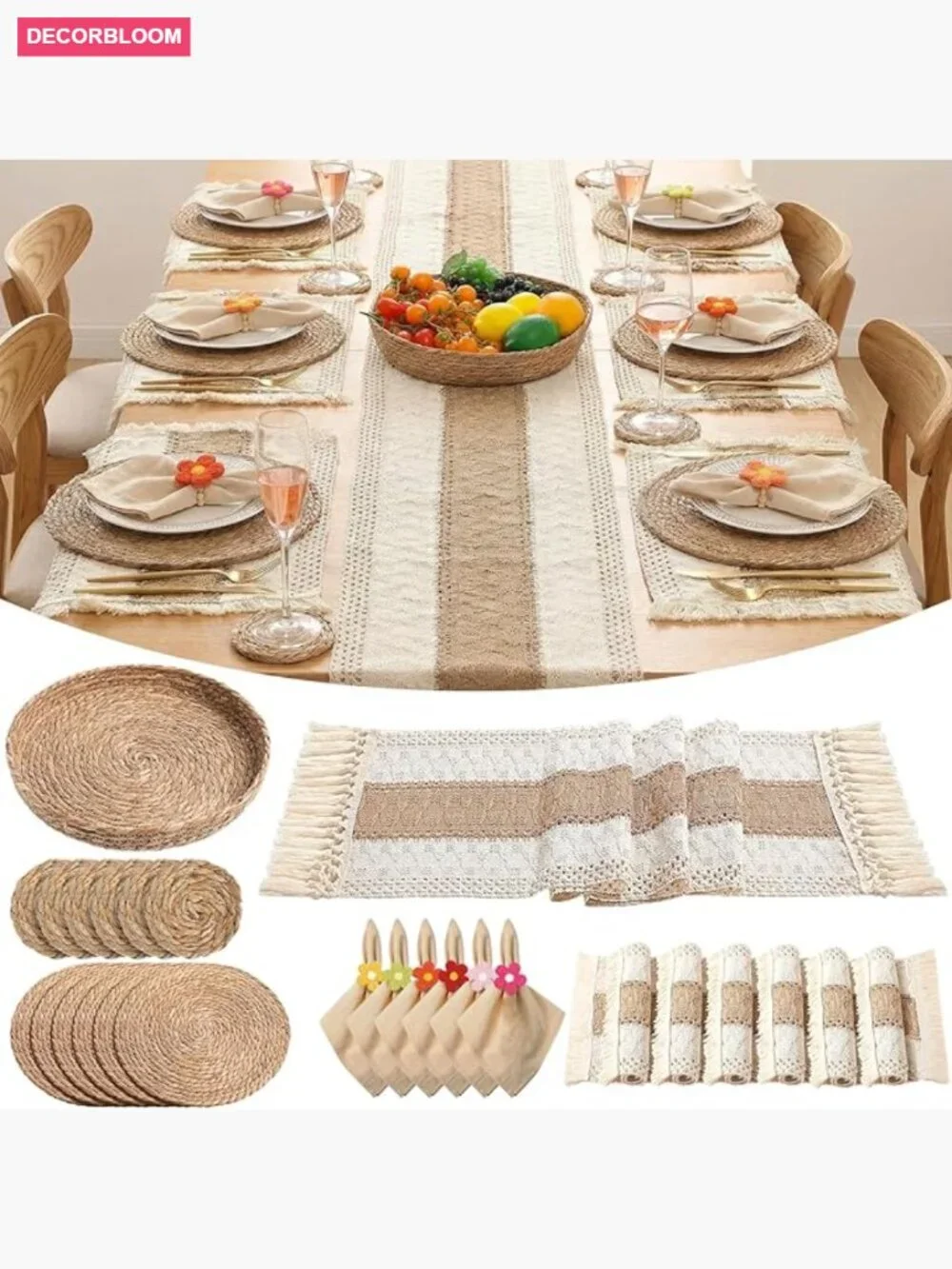 32pc Boho Farmhouse Table Setting Placemat Napkin Set